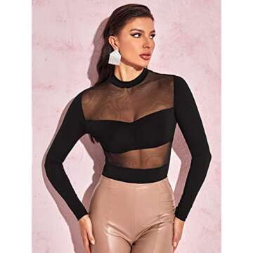 WDIRARA Women's See Through Mesh Long Sleeve Sexy Sheer Fitted Party Top Bodysuit Black S