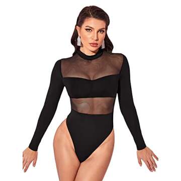 WDIRARA Women's See Through Mesh Long Sleeve Sexy Sheer Fitted Party Top Bodysuit Black S