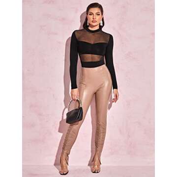 WDIRARA Women's See Through Mesh Long Sleeve Sexy Sheer Fitted Party Top Bodysuit Black S