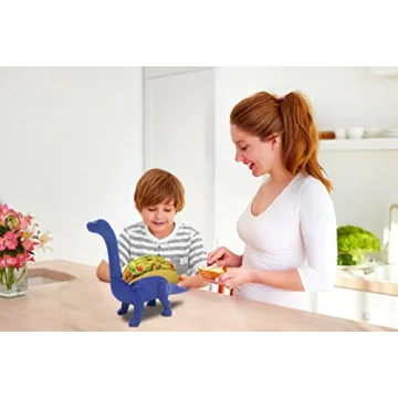 Vezna Home Goods Dinosaur Taco Holder for Kids, Blue Brontosaurus Dino Plate Taco Stand Holds 2 Shells for Fun Taco Tuesday Party, Novelty Funny White Elephant Gift for Adult Taco Lovers