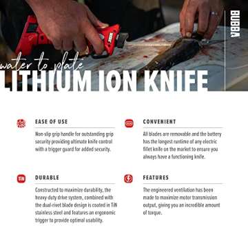 BUBBA Li-Ion Cordless Electric Fillet Knife with Non-Slip Grip Handle, 4 Ti-Nitride S.S. Coated Non-Stick Reciprocating Blades, Charger and Case for Fishing
