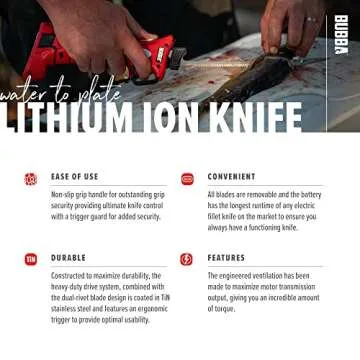 BUBBA Li-Ion Cordless Electric Fillet Knife with Non-Slip Grip Handle, 4 Ti-Nitride S.S. Coated Non-Stick Reciprocating Blades, Charger and Case for Fishing