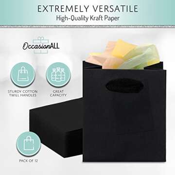 OccasionALL Mini Gift Bags with Handles, Black Totes for Holidays, Christmas, Candles, Luxury, Elegant Parties, Shopping, Bulk, 4x2.75x4.5 12 Pack