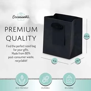 OccasionALL Mini Gift Bags with Handles, Black Totes for Holidays, Christmas, Candles, Luxury, Elegant Parties, Shopping, Bulk, 4x2.75x4.5 12 Pack