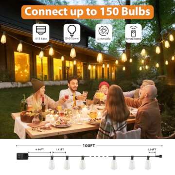 Brightever 3 Color in 1 LED Outdoor String Lights with Remote, 100FT Edison Hanging String Lights for Outside Dimmable, Outdoor Lighting for Patio Café Bistro with 52 ST38 LED Bulbs, 2700K/4000K/5000K
