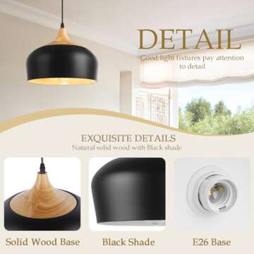 QianZhan Black Solid Wood Pendant Light, 11.8in Modern Pendant Lights Fixtures Adjustable Farmhouse ...