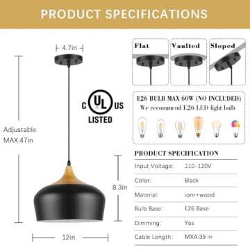 QianZhan Black Solid Wood Pendant Light, 11.8in Modern Pendant Lights Fixtures Adjustable Farmhouse Hanging Lighting,for Kitchen Island Dining Room Barn Sink Office Bedroom