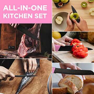 HAUSHOF Kitchen Knife Set, 5 PCS Knife Sets with Arcylic Block, Teflon Coated Pink Knives Set for Ki...