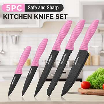 HAUSHOF Kitchen Knife Set, 5 PCS Knife Sets with Arcylic Block, Teflon Coated Pink Knives Set for Kitchen, Premium Stainless Steel Knives Set with Ergonomic Handle, Great for Slicing, Dicing&Cutting