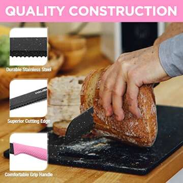 HAUSHOF Kitchen Knife Set, 5 PCS Knife Sets with Arcylic Block, Teflon Coated Pink Knives Set for Kitchen, Premium Stainless Steel Knives Set with Ergonomic Handle, Great for Slicing, Dicing&Cutting