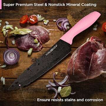 HAUSHOF Kitchen Knife Set, 5 PCS Knife Sets with Arcylic Block, Teflon Coated Pink Knives Set for Kitchen, Premium Stainless Steel Knives Set with Ergonomic Handle, Great for Slicing, Dicing&Cutting