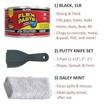 Flex Seal Black Flex Paste 1lb | Leak Repair Bundle with Putty Knife Set + Daley Mint Cleaning Towel | Quickly DIY Repair & Fill Gaps, Holes, Cracks