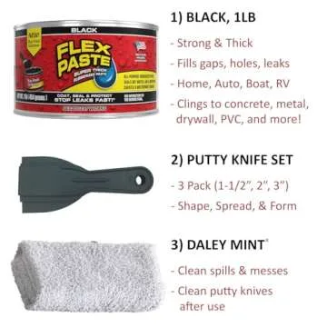 Flex Seal Black Flex Paste 1lb | Leak Repair Bundle with Putty Knife Set + Daley Mint Cleaning Towel | Quickly DIY Repair & Fill Gaps, Holes, Cracks
