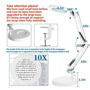 HITTI 10X Magnifying Glass with Light, 1,800 Lumens Stepless Dimmable, 3 Color Modes, 4.2″ Real Glass Lens LED Magnifying Desk Lamp & Clamp, Magnifier Light and Stand for Crafts Close Work-White