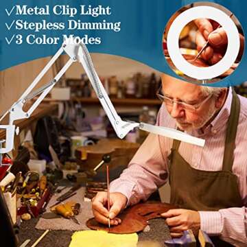 HITTI 10X Magnifying Glass with Light, 1,800 Lumens Stepless Dimmable, 3 Color Modes, 4.2″ Real Glass Lens LED Magnifying Desk Lamp & Clamp, Magnifier Light and Stand for Crafts Close Work-White