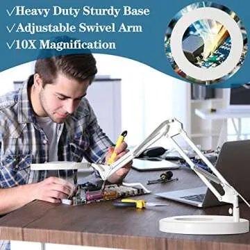 HITTI 10X Magnifying Glass with Light, 1,800 Lumens Stepless Dimmable, 3 Color Modes, 4.2″ Real Glass Lens LED Magnifying Desk Lamp & Clamp, Magnifier Light and Stand for Crafts Close Work-White