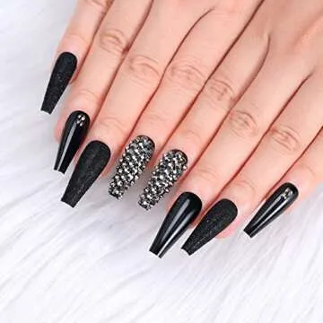 Kikmoya Extra Long Coffin Press on Nails, Crystal Luxury Nails with Grey Black Rhinestones, Black Pu...