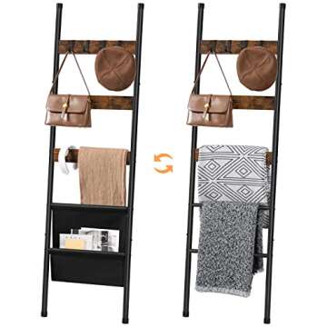HOOBRO Blanket Ladder, 5 Tier Towel Rack, 17.3" L x 63" H, Wall-Leaning Blanket Rack for Living Room, Decorative Ladder with 4 Hooks and Magazine Pocket, Rustic Brown BF32CJ01