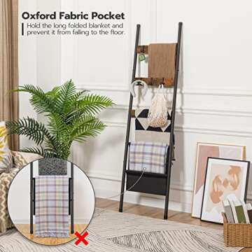 HOOBRO Blanket Ladder, 5 Tier Towel Rack, 17.3" L x 63" H, Wall-Leaning Blanket Rack for Living Room, Decorative Ladder with 4 Hooks and Magazine Pocket, Rustic Brown BF32CJ01