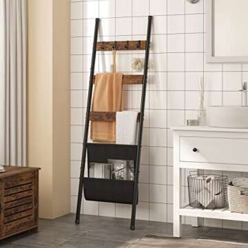 HOOBRO Blanket Ladder, 5 Tier Towel Rack, 17.3" L x 63" H, Wall-Leaning Blanket Rack for Living Room, Decorative Ladder with 4 Hooks and Magazine Pocket, Rustic Brown BF32CJ01