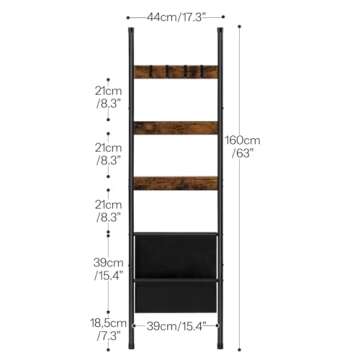HOOBRO Blanket Ladder, 5 Tier Towel Rack, 17.3" L x 63" H, Wall-Leaning Blanket Rack for Living Room, Decorative Ladder with 4 Hooks and Magazine Pocket, Rustic Brown BF32CJ01