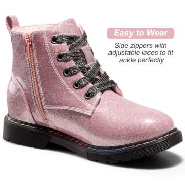 Dodow Girls Ankle Boots Glitter Combat Booties Zipper Lace Up Winter Dress Boots for Little Kid Big ...