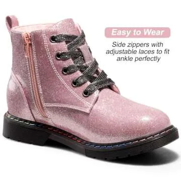 Dodow Girls Ankle Boots Glitter Combat Booties Zipper Lace Up Winter Dress Boots for Little Kid Big ...