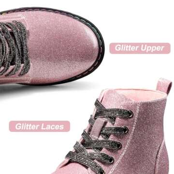 Dodow Girls Ankle Boots Glitter Combat Booties Zipper Lace Up Winter Dress Boots for Little Kid Big Kid,Pink Size 11