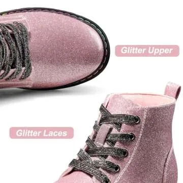 Dodow Girls Ankle Boots Glitter Combat Booties Zipper Lace Up Winter Dress Boots for Little Kid Big Kid,Pink Size 11