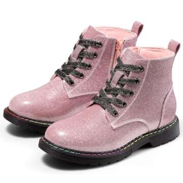 Dodow Girls Ankle Boots Glitter Combat Booties Zipper Lace Up Winter Dress Boots for Little Kid Big Kid,Pink Size 11