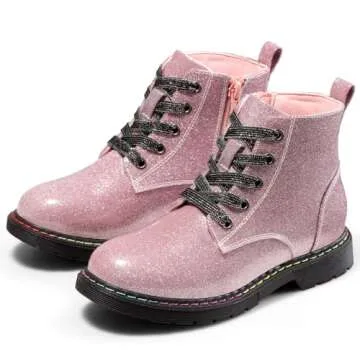 Dodow Girls Ankle Boots Glitter Combat Booties Zipper Lace Up Winter Dress Boots for Little Kid Big Kid,Pink Size 11