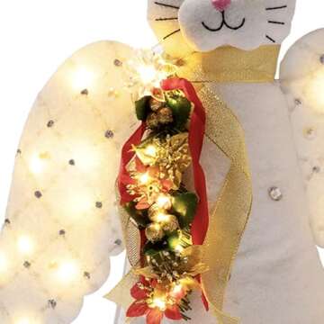 iHeartCats Christmas Tree Topper Decoration - The Original Cat ‘Christmas Miracle’ Angel Cat Tree Topper LED Lighted Poinsettia Garland & Wings Decor Ornament, Holiday Decoration