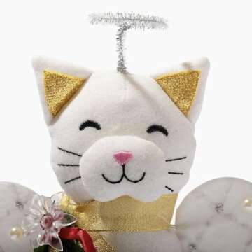 iHeartCats Christmas Tree Topper Decoration - The Original Cat ‘Christmas Miracle’ Angel Cat Tree Topper LED Lighted Poinsettia Garland & Wings Decor Ornament, Holiday Decoration