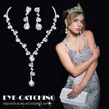 Meanplan 4 Pcs Silver Clutch Purse Jewelry Set for Women Evening Rhinestone Purse Silver Accessories...