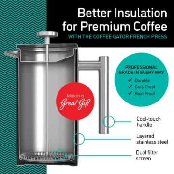 Coffee Gator French Press Coffee Maker - 34ozThermal Insulated Brewer Plus Travel Jar - Large Capaci...