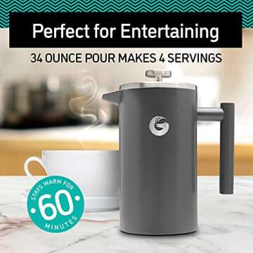 Coffee Gator French Press Coffee Maker - 34ozThermal Insulated Brewer Plus Travel Jar - Large Capacity, Double Wall Stainless Steel - Gray