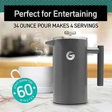 Coffee Gator French Press Coffee Maker - 34ozThermal Insulated Brewer Plus Travel Jar - Large Capacity, Double Wall Stainless Steel - Gray