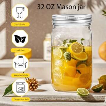 Ltzmcmy Mason Jars 32 oz,12 Pack Quart Mason Jars Wide Mouth With Lids,32oz Glass Canning Jars for Centerpieces,Food Storage,Meal Prep,Overnight Oats,Fermenting