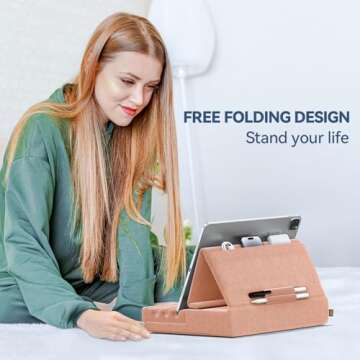 KDD Tablet Pillow Holder, Foldable iPad Stand for Lap, Bed and Desk -Tablet Soft Pad Dock with Pocke...