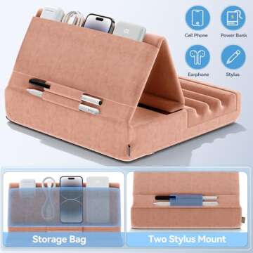 KDD Tablet Pillow Holder, Foldable iPad Stand for Lap, Bed and Desk -Tablet Soft Pad Dock with Pocket & Stylus Mount Compatible with iPad Pro 12.9, 10.5, 9.7 Air Mini 6 5 4 3, E-Reader