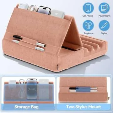 KDD Tablet Pillow Holder, Foldable iPad Stand for Lap, Bed and Desk -Tablet Soft Pad Dock with Pocket & Stylus Mount Compatible with iPad Pro 12.9, 10.5, 9.7 Air Mini 6 5 4 3, E-Reader