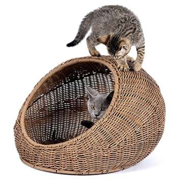 D+GARDEN Wicker Cat Bed Dome for Medium Indoor Cats - Cozy Hideaway Hut