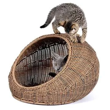 D+GARDEN Wicker Cat Bed Dome for Medium Indoor Cats - Cozy Hideaway Hut