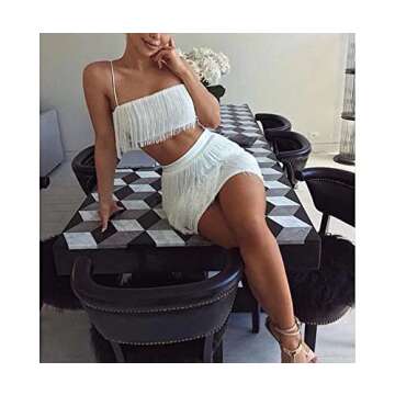 Fringe Tassel Dress for Women Cocktail Prom Dresses Summer - Two Piece Outfits for Women Skirt Sets Spaghetti Strap Sleeveless Crop Top Bodycon Beach Boho Sundress Short Mini Dress White, S