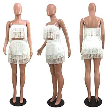 Fringe Tassel Dress for Women Cocktail Prom Dresses Summer - Two Piece Outfits for Women Skirt Sets Spaghetti Strap Sleeveless Crop Top Bodycon Beach Boho Sundress Short Mini Dress White, S
