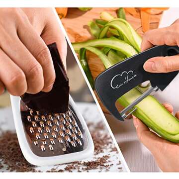 5 Pieces Kitchen Gadgets Set - Space Saving Cooking Tools Accessories Cheese Chocolate Grater, Fruit Vegetable Peeler, Bottle Opener, Pizza Cutter, Burlap Bags with Drawstring Gift Set