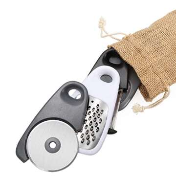 5 Pieces Kitchen Gadgets Set - Space Saving Cooking Tools Accessories Cheese Chocolate Grater, Fruit Vegetable Peeler, Bottle Opener, Pizza Cutter, Burlap Bags with Drawstring Gift Set