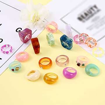 AIDSOTOU 20 Pcs Resin Acrylic Rings Set Colorful Trendy Vintage Thick Dome Y2k Rings Jewelry Plastic Resin Unique Square Gem Stackable Chunky Fruit Ring for Women