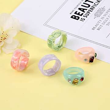 AIDSOTOU 20 Pcs Resin Acrylic Rings Set Colorful Trendy Vintage Thick Dome Y2k Rings Jewelry Plastic Resin Unique Square Gem Stackable Chunky Fruit Ring for Women