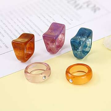 AIDSOTOU 20 Pcs Resin Acrylic Rings Set Colorful Trendy Vintage Thick Dome Y2k Rings Jewelry Plastic Resin Unique Square Gem Stackable Chunky Fruit Ring for Women